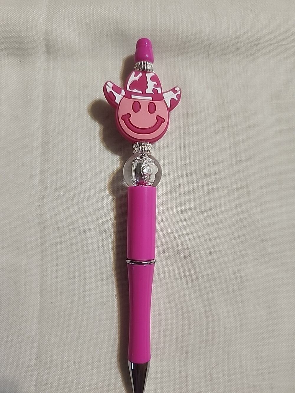 Bead Pen Smiley Face Emoji Cowgirl Light Pink Pen Cow Print Hat Handmade